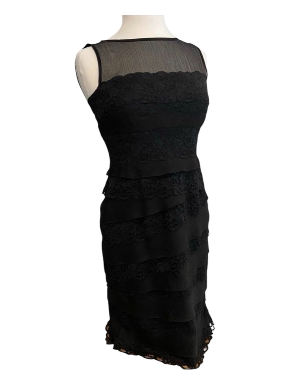 Anne Klein little black dress sleeveless round neckline lace embellishments 6